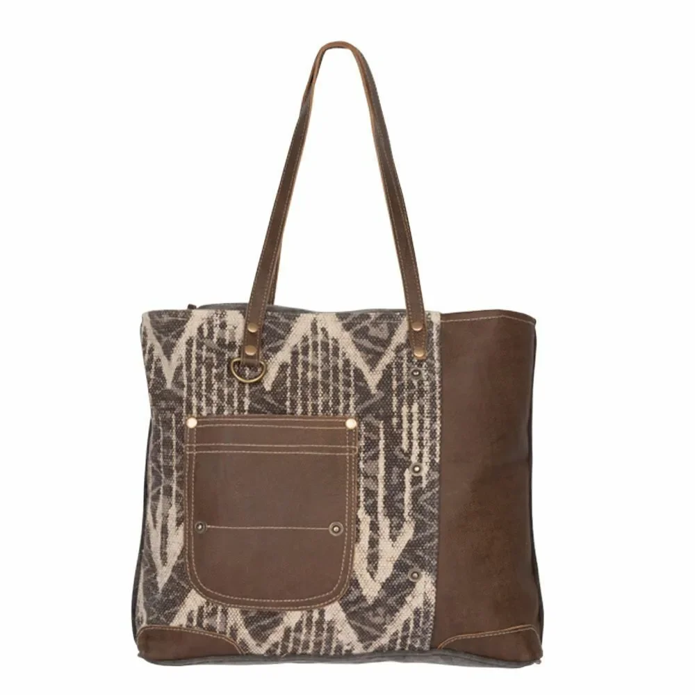 Myra Bag  Upcycled Canvas & Cowhide Leather Brown Canvas Tote Bag